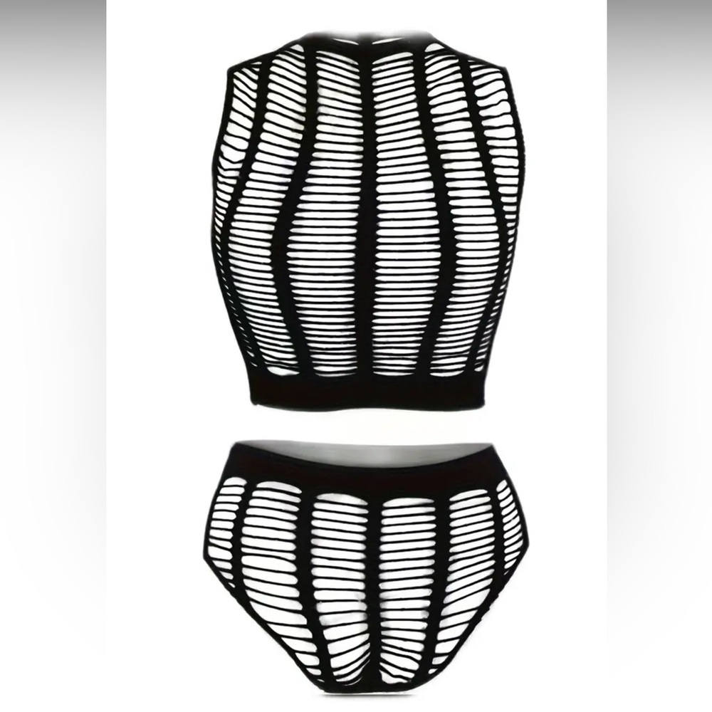 Black Seductive Fishnet Lingerie Set, Hollow Out Bra & Elastic Panties One Size - Picture 7 of 7